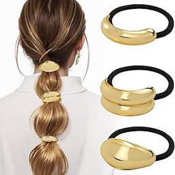 INHEAVEN Metal Hair Ties, Gold Geometric Hair Cuffs, Stretchy Ponytail Holders for Women, 3 pack (set b)-image-79