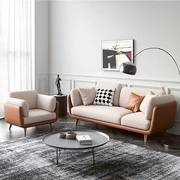 Fine Wood Art - Velvet Multicolour Sofa with Metal Legs, Living Room Couch with Cushions, Bedroom and Office Seating (Beige Velvet & Brown Letherette, 3+1 Seater)-image-29