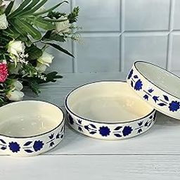 Praahi Lifestyle Ceramic Salad Bowl/Plate- Serving Snacks Ceramic Plates - Set of 3 Sizes (5.5 inch, 6.5 inch, 7.5 inch) Blue Flower Pattern, Flat Serving Plate | Christmas Gifts, Wedding Gift, 750 ml-32
