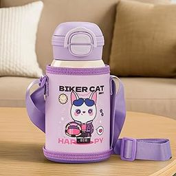 Baybee 2 in 1 PandaPlunge Baby Sipper Bottle with Straw for Kids | Leak Proof Sipper Water Bottle with Carry Pouch & Adjustable Strap | BPA Free & Non-Toxic with 550ml Capacity | Drinking Water Bottle for School Kids Boys Girls (Purple)-image-65