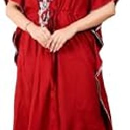 “Royal Maroon Rayon Kaftan for Women | Silver Embroidered Neckline, Drawstring Waist.-15