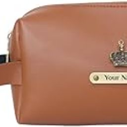 Giftana Personalized Travel Pouch with Name & Charm, Customized Multipurpose Utility Pouch/Cosmetic Bag for Women/Travel Makeup Zipper Pouch/Shaving Vegan Leather Toiletry Bag for Men (Tan)-4