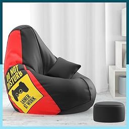 ComfyBean 4XL Bean Bag Chair with Beans Filled - Bean Bag Sofa with Footrest Gamer at Work Black Red Faux Leather Bean Bags for Living Room, Bedroom - Free Cushion & Footrest - PrintPal Combo-1