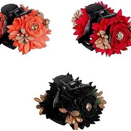 Acrylic Material Multicolour Handcrafted Studded Flowers Embedded Hair Clutchers/Hair Clips/Floral Hair Accessories Pack of 3 for Women and Girls-86