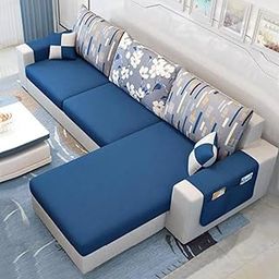 FURNY Larona 4 Seater Fabric RHS L Shape Sofa Set (Blue-Light Grey)-image-87