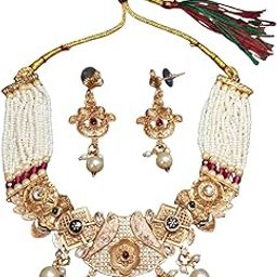 Traditional Pearl Necklace Set with Gold-Toned Necklace and Earrings, White Beaded Strands, Antique Design.-15