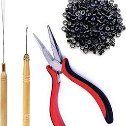 DELUXE HAIR Hair Extensions Pliers Pulling Hook Bead Device Tool Kits Set With 200PCS Black Silicone Lined Micro Rings-23
