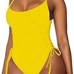 Women's Ruched Drawstring One Piece Swimsuit Tummy Control High Cut Swimwear Yellow Medium-picture-6