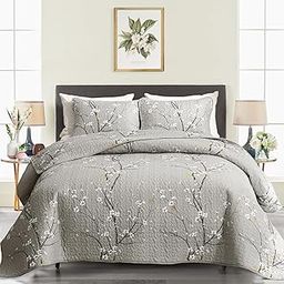 3 Piece Reversible Quilt Set Gray Branch Queen Size 88x88 Soft Microfiber Lightweight Coverlet Bedspread Summer Comforter Set Bed Cover for All Season (1 Quilt+ 2 Shams)-12