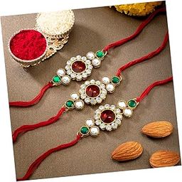 Rakhshabandhan Thread Rakhi for Brother Bhaiya | Kundan & Crystal Studded | Red Green White | Combo Pack of 3 | Rakhi Hamper with Roli Chawal & Greeting Card-image-84