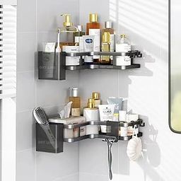 DRY LINE Self Adhesive Corner Shelf for Bathroom Multipurpose Wall Shelves for Kitchen/Home (Set of 2) with Magic Sticker No Drilling Rack Black Basic Organizer with Attachments-image-75