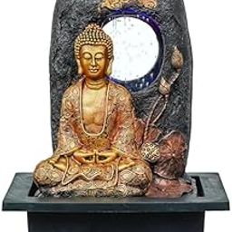 Golden Brown Polyresin Tabletop Buddha Indoor Water Fountain for Home Decor with LED, Speed Control Pump-image-80