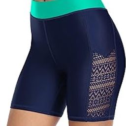 Womens Hollow Out Swim Shorts High Waisted Long Swim Shorts Black Swim Capri Pants, Navy Blue, Large-image-73