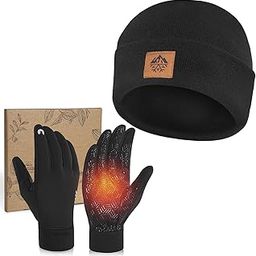 Beanie Hat Gloves for Men and Women, Knit Fleece Lined Beanie Warm Touchscreen Gloves Set, M Black-image-43