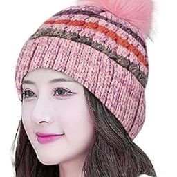 Alexvyan Pink Twist Color Winter Warm Snow Proof -20 Degree Knitted Ball Cap (Inside Fur) Woolen Beanie Cap for Ladies Women Girl-image-89
