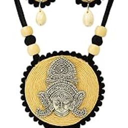 Traditional Indian Durga Pendant Necklace Set, Jute and Metal Design with Black Pom-Pom Border, Handcrafted Ethnic Jewellery with Matching Earrings-13