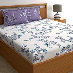 Home Ecstasy 100% Cotton King Fitted Floral Bedsheet with 2 Pillow Covers - (Size 72 x 78 inches, 140 TC, Colour - Lavender)-image-2