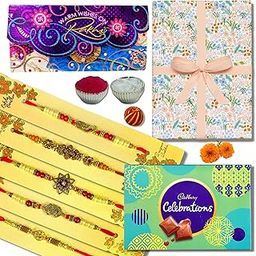 Almoda Creations Rakhi for Brother 5 Panchdhatu Rakhi, Greeting Card, Cadbury Celebrations Chocolate Box, Roli Moli, Kalawa, Rakhi Gift Wrapping, Personalized Rakhi Message-image-5