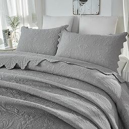 Brandream Quilts Set Twin Size Matelasse Coverlet Set Cotton Grey Farmhouse Quilted Bedspreads Scalloped Edge 2-Piece-image-17