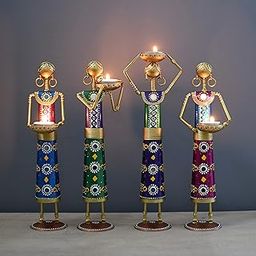 Lamcy Plaza Metal Rajasthani Kalbelia Tea Light Doll (Set of 4) Candle Holder for Home Decor | Antique Decorative Candle Tealight | Room | Bedroom | Multicolour | Each Size L3 X W 5 X H14 Inches |-29