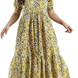 Brand Women's/Girls Cotton Regular Fit Kurta for Women Floral Printed Anarkali Kurta || Floral Flared Western Dress Yellow, 2XL-picture-16