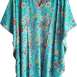 Floral Print Light Blue Women's Short Kaftan Plus Size| Beach Cover up | V Neck | One Size fits All-picture-52