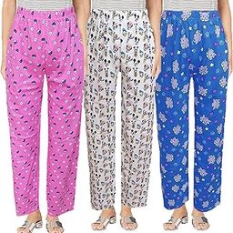 Women Pajama 3 Pack Soft Cotton Night wear Pants With Elastic And Drawstring Free Size (28 To 36 Inch)-92
