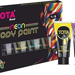TOTA Non-Toxic Face Paint and Body paint Set of 6 in White, Yellow, Orange, Green, Blue and Pink. Neon Colour UV Glow Tubes-image-109