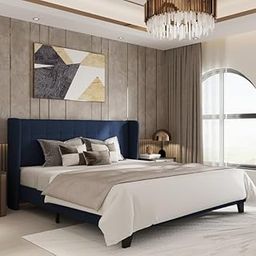 CRIGE Meron Modern Upholstered King Size Bed with Wingback Headboard | Wooden Double Bed Cot Palang Without Storage (Blue)-image-7