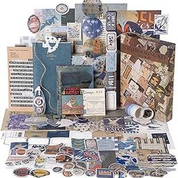 HASTHIP Paper Scrapbook Stickers Supplies Kit, Diy Scrapbook Kit For Journaling/Scrapbooking Retro Aesthetic Kit For Bullet Junk Journals, Notebook, Stickers Scrapbook Supplies, Blue-image-58