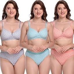 Lingerie Set Full with Coverage Padded Bra and Hipster Panty (Pack of 3, Multicolor)-20