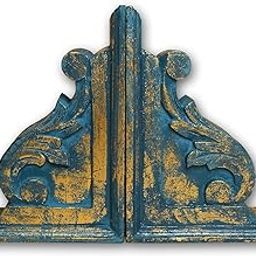 Wooden One Pair Indian Handmade Carving Bookends for Living Room, Bed Room, Laybrary, Table Decor, Book Shelves (Blue)-16