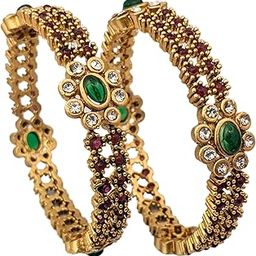 Antique Gold Bangles with Emerald and Ruby Stones, Crystal Accents, Traditional Design, Set of 2 | Premium Bangles for Women-image-30