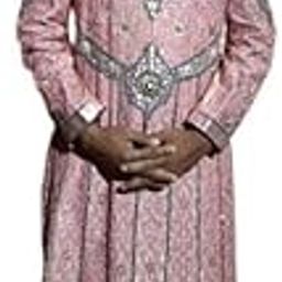 Men's Pink Sherwani Machin and Hand/emb with Cream Churidar Pajama-image-43