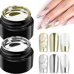 Chrome Gel Nail Polish Set: Metallic Gel Nail Polish, Silver and Gold 3D Metal Painting Gel for Nail Art Soak off UV/LED Glossy Mirror Effect Nail Glue Gel for Home Salon DIY Manicure（2pcs）-19