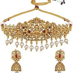 22k Gold Plated Temple Necklace Set | Latest Stylish Fancy Pearl Choker Traditional Jewellery Set for Women | Festive Wedding Party Necklace | Just Like Original Gold Jewellery-12