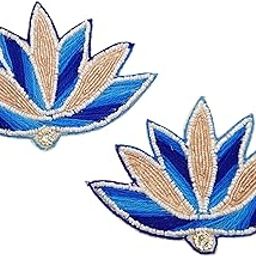 Handcrafted 2 Pieces Lotus Applique Patch, made with Blue Cotton yarn, Golden Zari and Beaded Border Size Approximately 7.6 x 12 cm, Embellishment for Clothing, Accessories, Home Decor, and Crafts (D0136)-picture-17