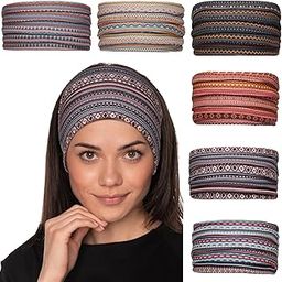 6 Pcs Wide Headbands for Women Non Slip Soft Fabric Hair Wrap Boho Head Bands Elastic Sport Hair Bands for Workout Yoga Running (Boho Stripe)-image-73