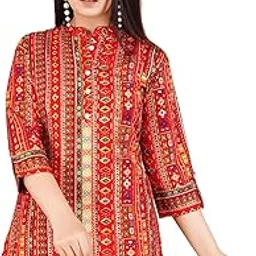 febq Women's Polycotton Fabric 3/4 Sleeves Mandarin Collar Front Button Printed Short Kurti-picture-4