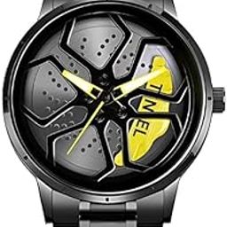 Man Car Wheel Watch with Rolling Creative Fashion Analog, Black Dial Zink Alloy Case Men's Watch, Stainless Steel Black Color Band, Quartz Movement, Water & Scratch-Resistant |-image-50
