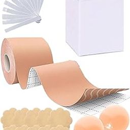 Boob Tape Kit for Women - Instant Boob Tape with 10 Nipple Pasties for Fashion with 36 Strips Double Sided Tape for Clothes, and 1 Pair Reusable Nipple Cover for Women Cream-image-96