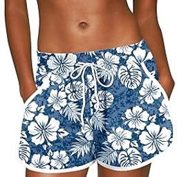Women Summer Floral Beach Boardshorts with Pockets Swim Trunks-image-27