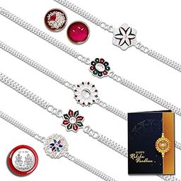 Beautiful Silver Rakhi Set Pack Of 5 Designer Rakhis For Brothers Best Rakhi Combo For Brothers Attractive Rakhi Set Of 5 - Perfect For Siblings-image-70
