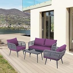 HAPPY STAR 4-Piece Outdoor Indoor Rope Patio Furniture Set Conversation Garden Waterproof Weaving Rope Bistro Set for Balcony Lawn Garden Terrace (Grey & Purple)-image-76