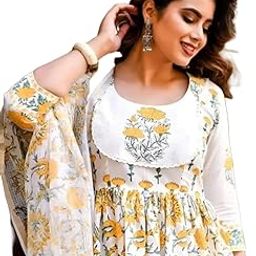 Floral Print Anarkali Dress with Dupatta, Yellow and White, 3/4 Sleeve, Cotton-picture-15