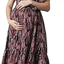 moms maternity Women's Crepe Maternity Midi Dress/Floral Print Pregnancy Dress/Navy Blue Easy Breast Feeding Dress/Western Dress with Zipper for Nursing Pre and Post Pregnancy-picture-3