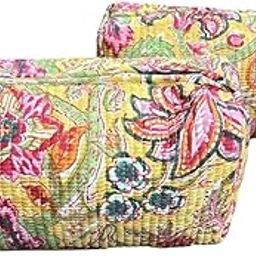 Jaipur Textiles, Hand Block Printed Cotton wash Bags, Toiletry Bags, Cosmetic Pouches, Makeup Kit, Travel Pouches, Vanity Bags | Qty - Set of 2PCS (Yellow - Multi Floral)-image-88