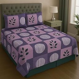 Dastoor Lavender Leaf & Circle Geometric 100% Cotton Feel Flat Double Bedsheets with 2 Pillow Covers | Breathable | Wrinklefree | Ultrasoft 144 TC Supersoft | Purple Botanical Design (Super Queen)-image-50