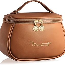 Awestuffs Luxury Cosmetic Bag - Makeup Bag, Portable Waterproof PU Leather Make Up Bag, Travel Makeup Bag Flat Lay Cosmetic Bag Makeup Organizer Bag with Handle and Divider (Brown Retro)-image-11