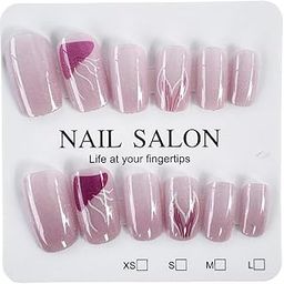Press On Nails Set, Pink Art Design with Purple Accent, 12 Pieces with Glue Stickers, Storage Case-image-15